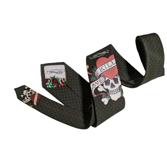 Ed Hardy by Christian Audigier Love Kills Skeleton Skull All Silk Khaki Tie NEW - Picture 1 of 8
